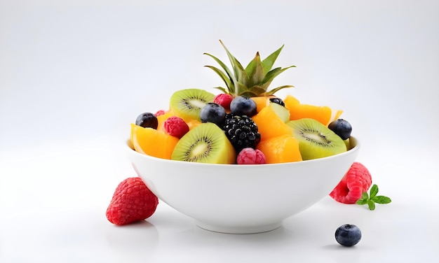 Colorful Assortment of Fresh Fruit salad in a White Bowl on a Clean Surface