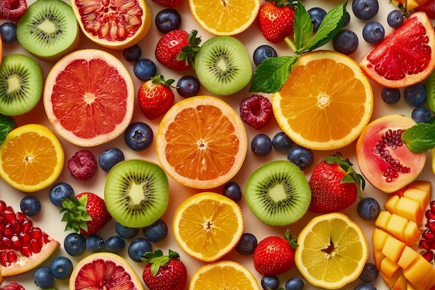 Красочный ассортимент свежих фруктов Фон Цитрусовые ягоды и тропические кусочки Сверху