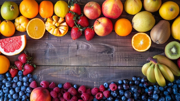 Colorful Assortment of Fresh Fruits and Berries on Rustic Wooden Background Healthy Eating Concept