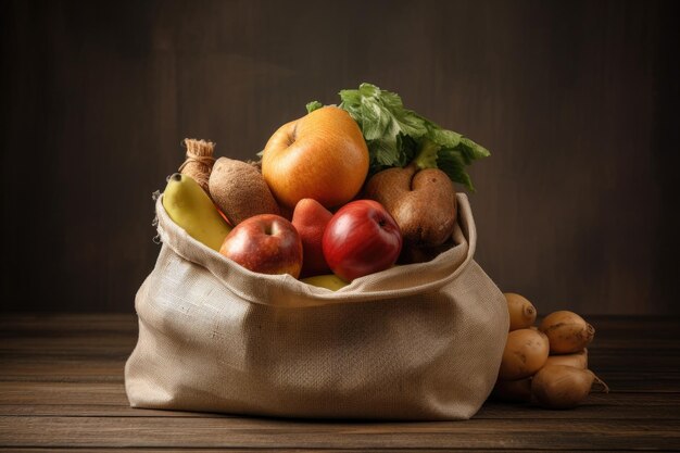 Красочный ассортимент свежих фруктов и овощей в плетеной корзине на деревянном столе