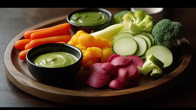 A colorful assortment of fresh raw vegetables arranged on a platter perfect for a healthy and refreshing snack or appetizer Generated by AI