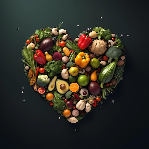 Красочный ассортимент свежих овощей и фруктов формирует сердце