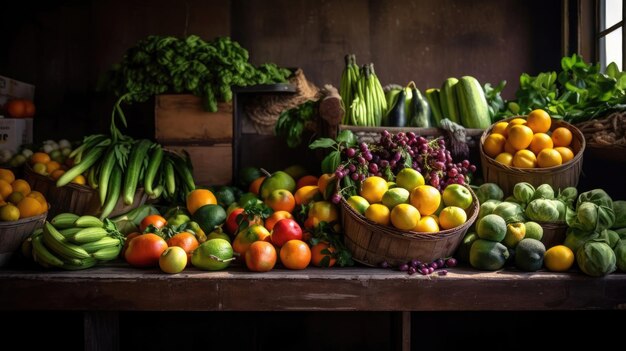 Красочный ассортимент фруктов и овощей на столе.