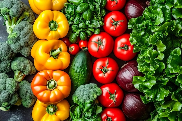 Foto un assortimento colorato di frutta e verdura, tra cui pomodori, peperoncini, cipolle e lattuga