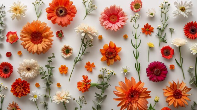 colorful assortment of gerbera daisies and wildflowers arranged on white background for spring theme