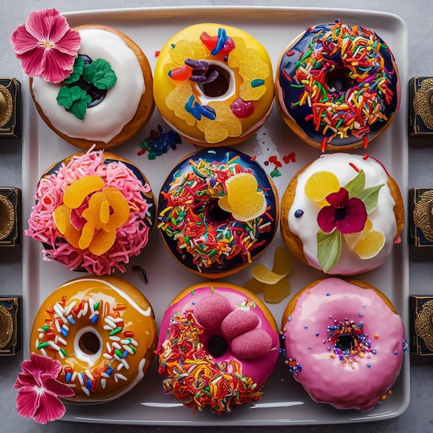 Colorful assortment of gourmet donuts on a tray