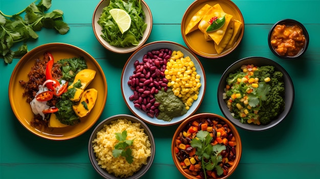Foto un assortimento colorato di sani piatti vegetariani sulla tavola