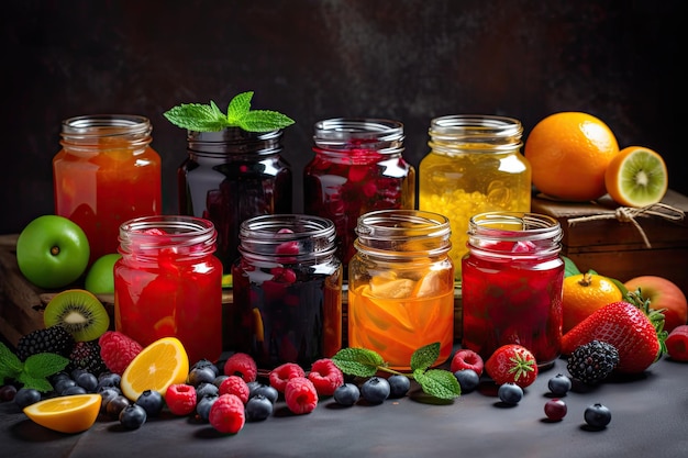 Colorful assortment of homemade fruit preserves in glass jars created with generative ai