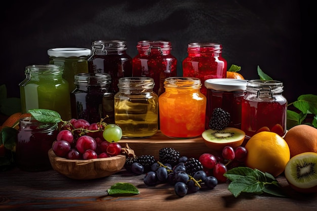 Colorful assortment of homemade fruit preserves in glass jars created with generative ai