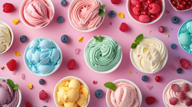 Foto un assortimento colorato di gelati con bacche fresche