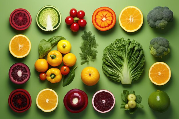 Фото Красочный ассортимент свежих фруктов и овощей на ярком фоне, передающий разнообразие пищи