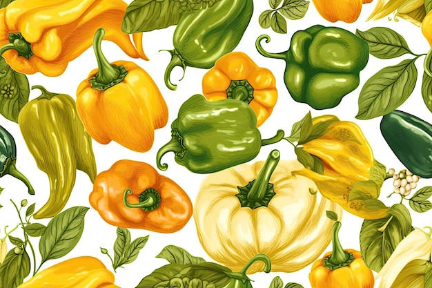 Colorful assortment of peppers on a plain white background generative ai