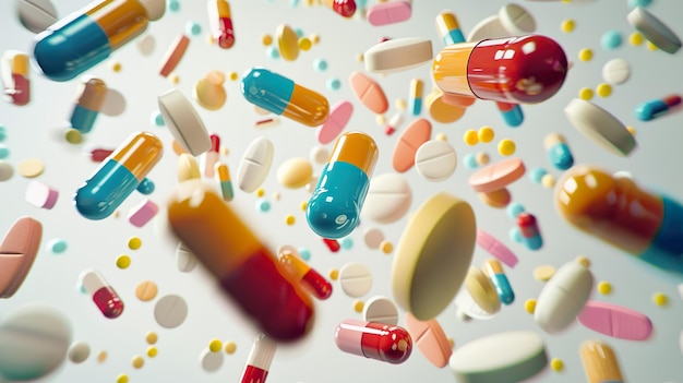 Colorful Assortment of Pills and Capsules in Mid Air