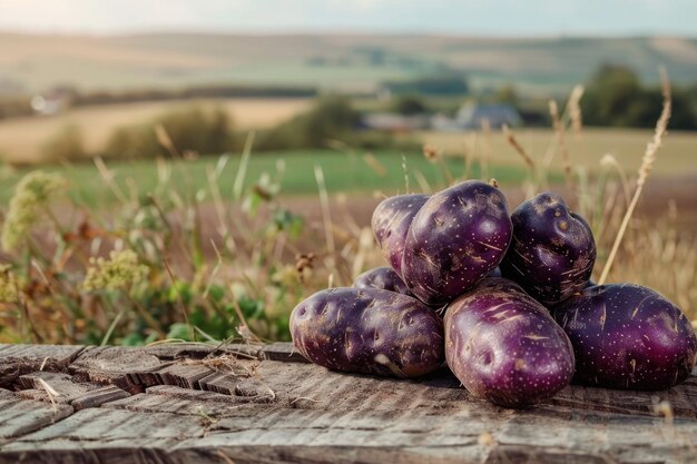 A colorful assortment of purple potatoes neatly stacked on a wooden table showcasing their unique and vibrant hue