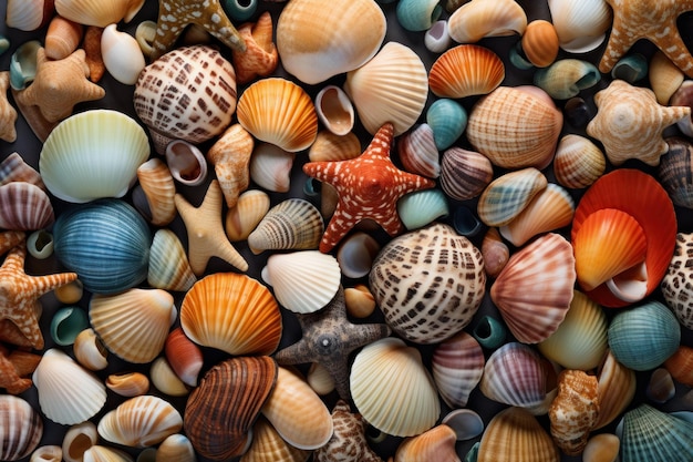 Colorful assortment of seashells and starfish