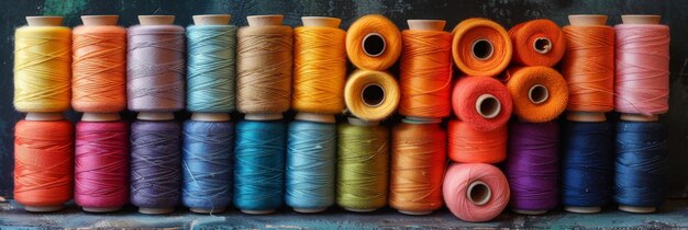 Colorful Assortment of Sewing Threads on Rustic Background