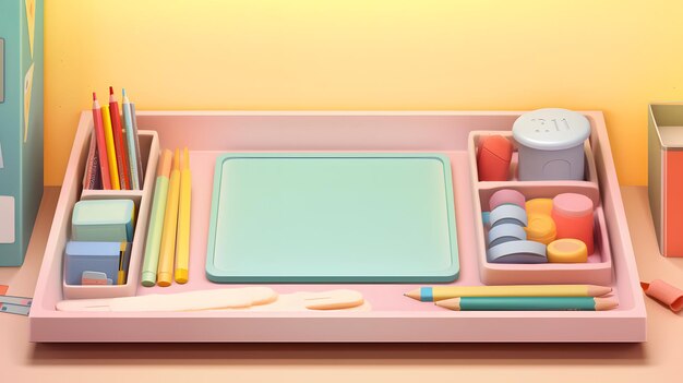 Photo a colorful assortment of stationery items on a pink tray