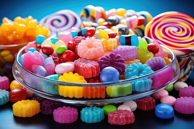 Colorful assortment of sweets and treats for children containing jelly and sugar