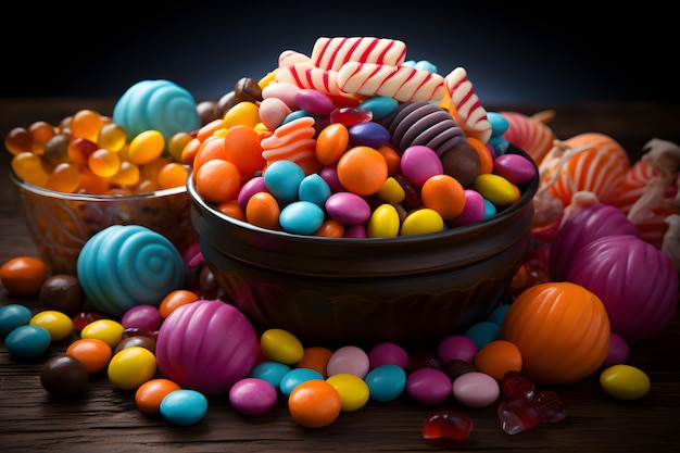 테이블 위의 장식용 그릇에 담긴 다채로운 사탕 모음 Generative AI