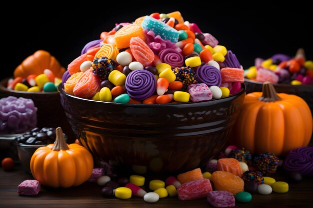 테이블 위의 장식용 그릇에 담긴 다채로운 사탕 모음 Generative AI