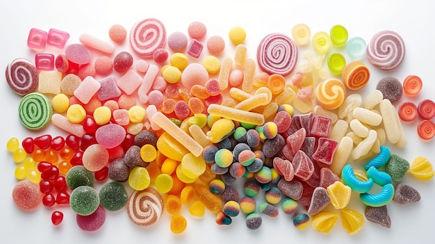 A colorful assortment of various candies spread out on a white background