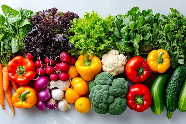 Colorful assortment of vegetables including peppers and broccoli are lined up next to each other