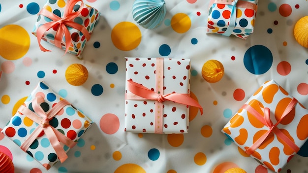 Colorful Assortment of Wrapped Gifts and Party Decorations on a Polka Dot Background for