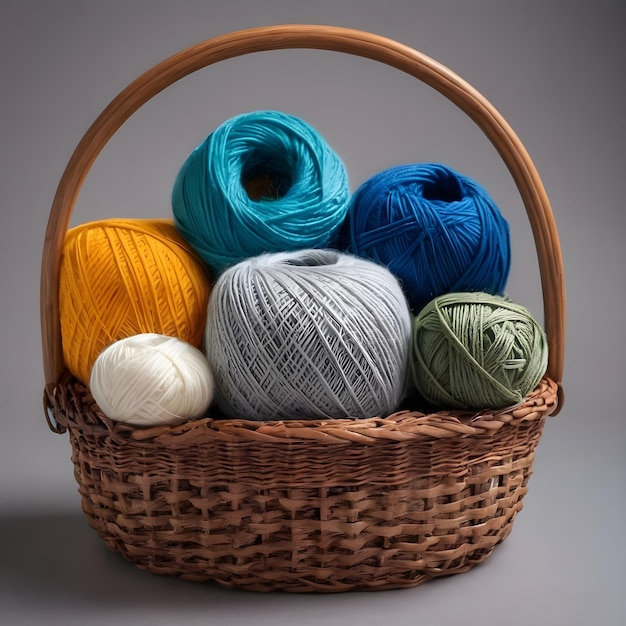 Colorful Assortment of Yarn Balls in a Woven Basket for Crafting
