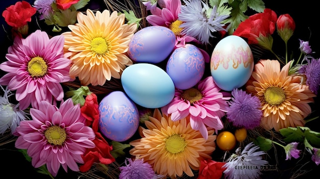 colorful aster eggs and flowers