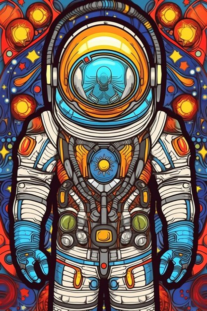 A colorful astronaut in a space suit with planets and stars generative ai