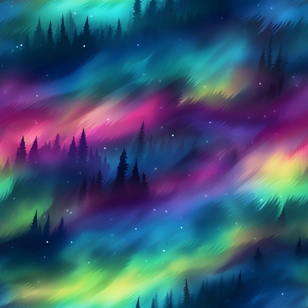 a colorful aurora bore with trees and stars in the sky generative ai