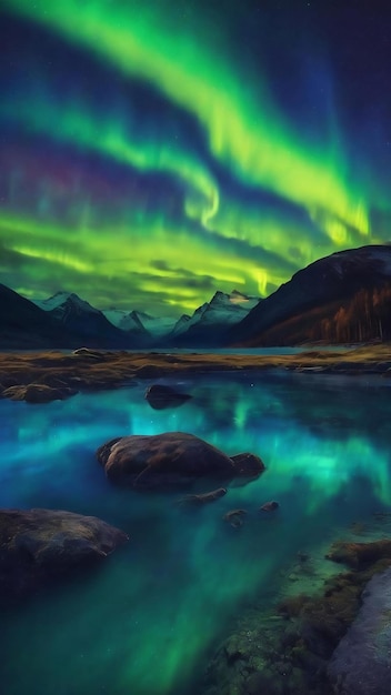 Colorful aurora borealis effect with a starry night sky