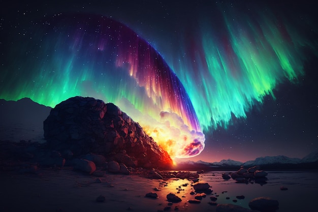 Photo colorful aurora borealis in the night sky, generative ai