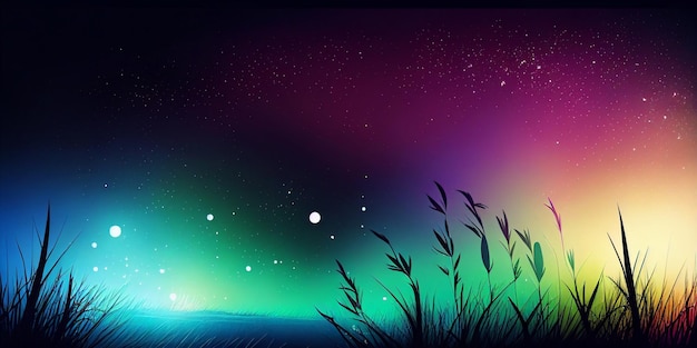 Foto un'aurora colorata su un campo con le luci accese.