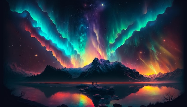 A colorful aurora over a lake and colorful northern lights ai generated