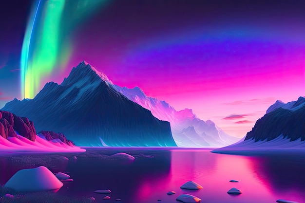 A colorful aurora over a lake with the aurora borealis above it.