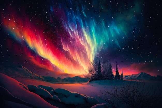 色とりどりのオーロラが雪景色の上空を照らす ジェネレーティブ AI