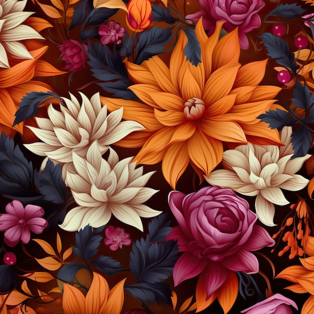 色とりどりの秋の花と葉の無縫のパターン背景