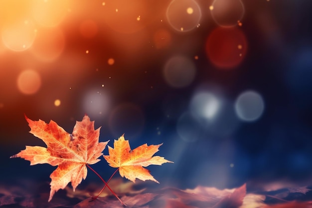 A colorful autumn background with a maple leaf in the foreground