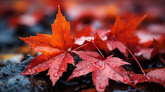 色とりどりの秋 雨の滴の美しい葉っぱ