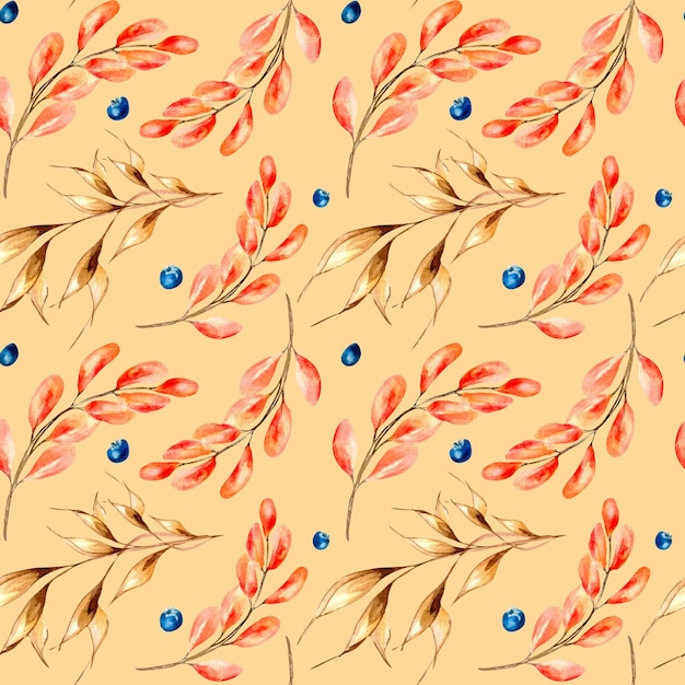 Colorful autumn branch and spikelet watercolor seamless pattern on beige