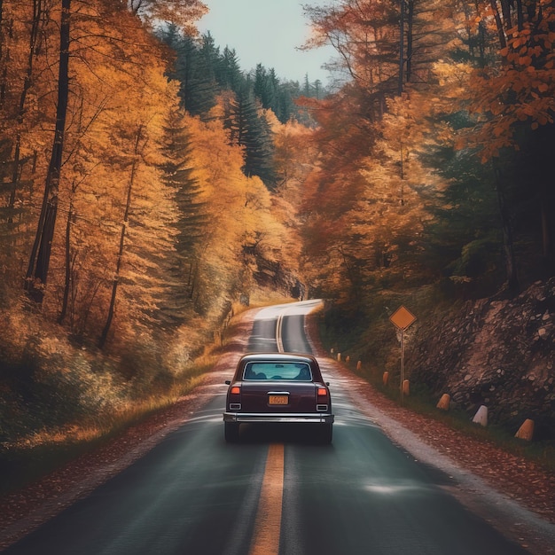 色とりどりの紅葉と山道のレトロな車峠ヨーロッパへの道