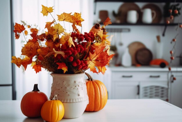 Photo colorful autumn composition bouquet of leaves and pumpkin in a vase on kitchen table