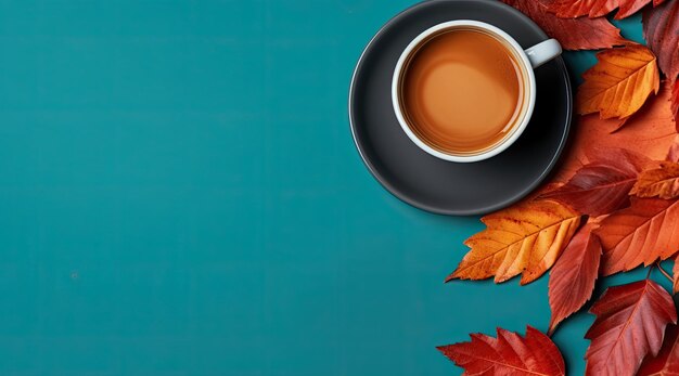 красочная осенняя чашка кофе и листья на цветном фоне, вид сверху