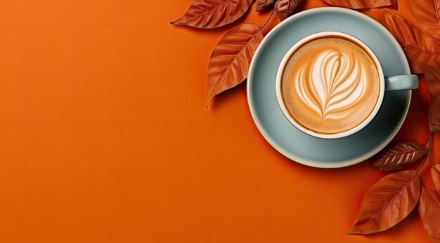 Colorful autumn cup of coffee and leaves on a color background top view