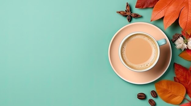 colorful autumn cup of coffee and leaves on a color background top view