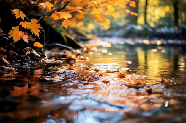 Colorful autumn foliage reflected in a calm river nature background image