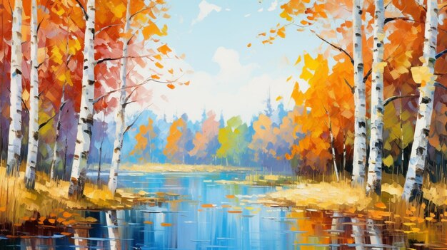 Цветные осенние лесные деревья озеро абстрактная масляная живопись AI Generated Image