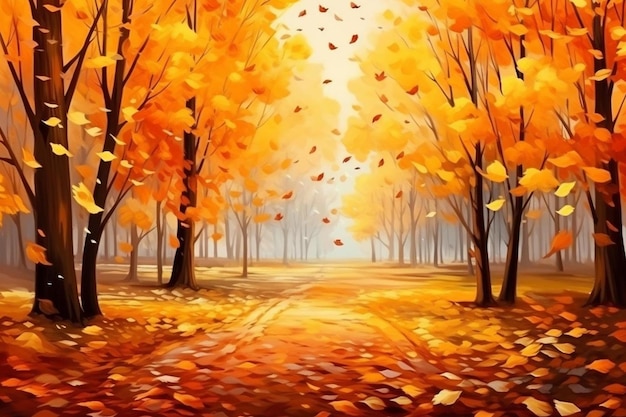 A colorful autumn landscape with a road and trees with leaves in the foreground