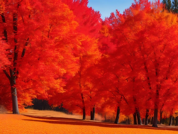 A colorful autumn landscape with trees displaying a range of vibrant red orange and yellow hues